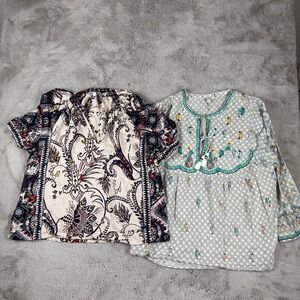lot 2 Lucky Brand Boho‎ Blouse Bundle Paisley Print Tunic Top Lagenlook L/G